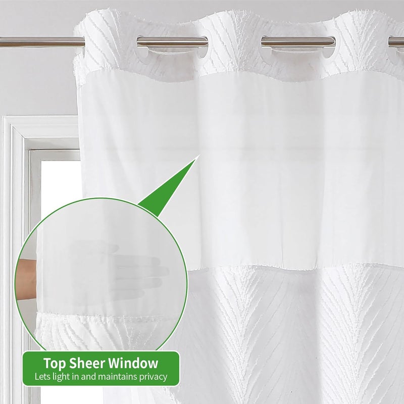 eachope Long No Hook Shower Curtain and Liner Set,Boho Style with See Through Top Window,White Fabric Tufted Striped Textured Outer Curtain with Snap in Liner, White,71Wx80H - Image 4